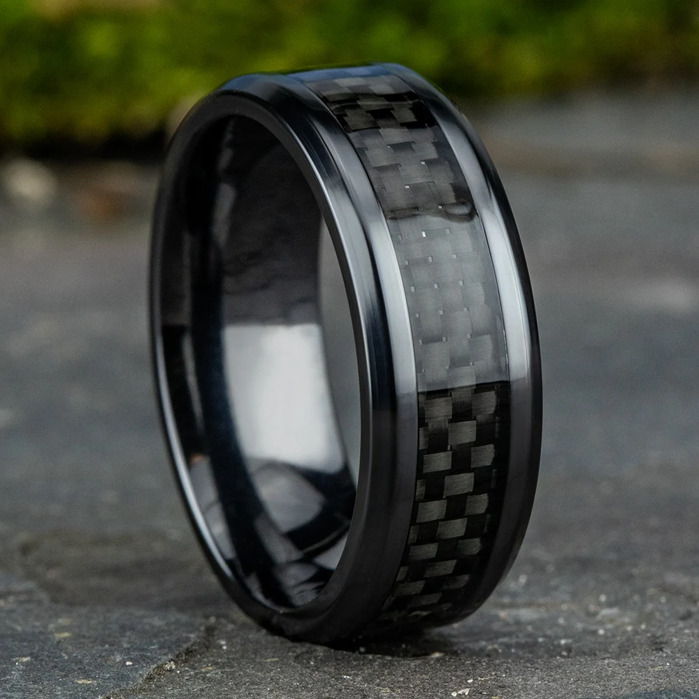 The Hamilton Men's Wedding Band in Black Cobalt and Black Carbon Fiber - 8mm Width by Forge - Image 4