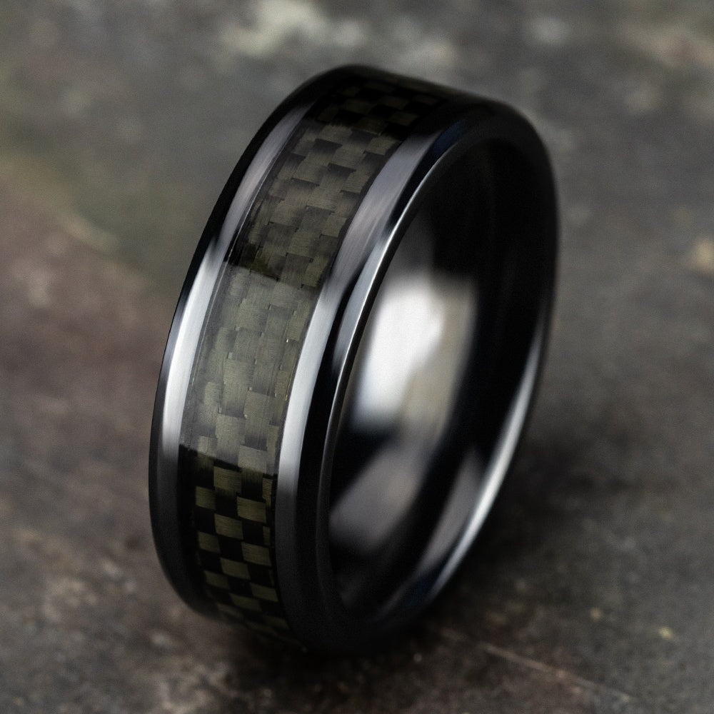 The Hamilton Men's Wedding Band in Black Titanium and Black Carbon Fiber - 8mm Width by Forge - Image 4