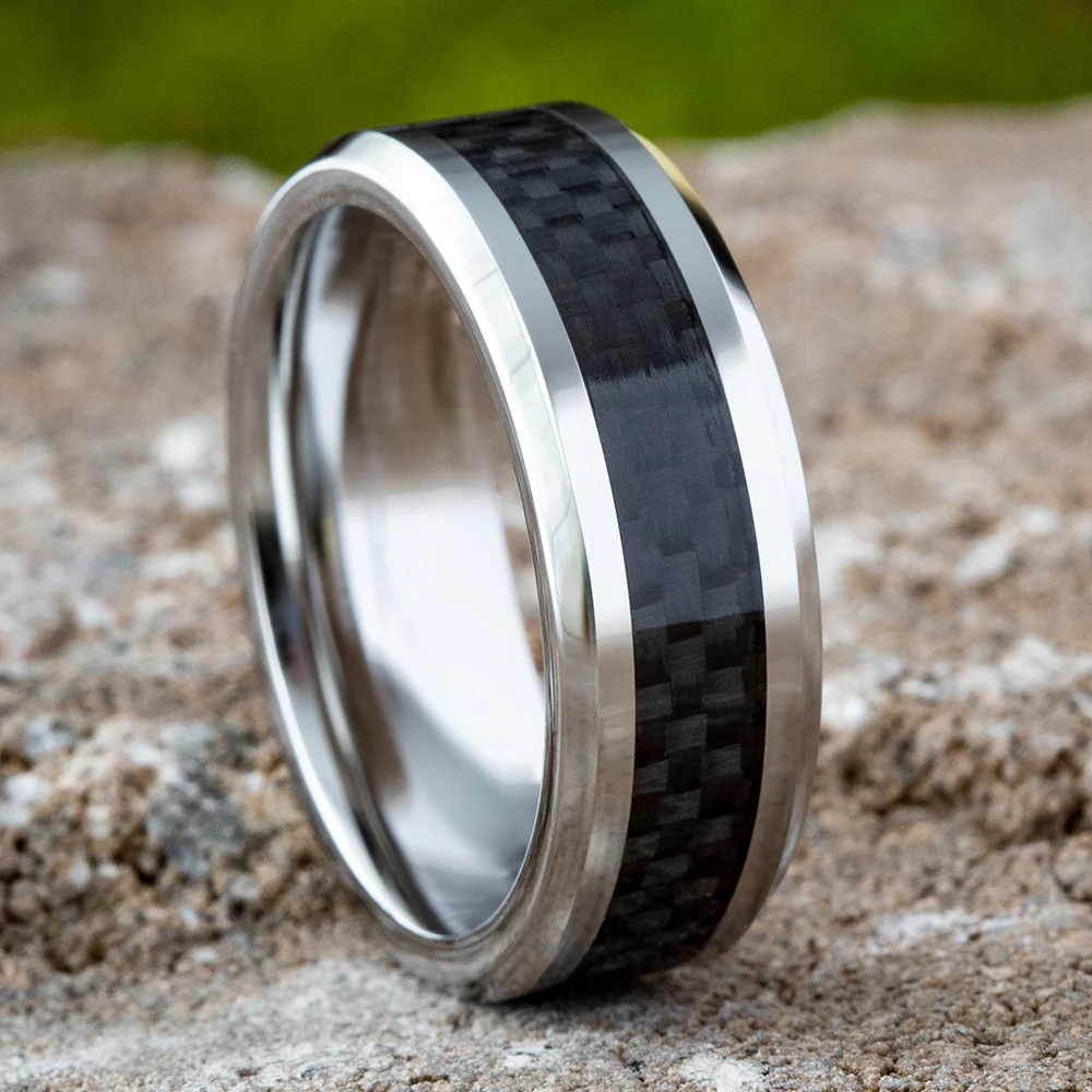 The Hamilton Men's Wedding Band in White Cobalt and Black Carbon Fiber - 8mm Width by Forge - Image 4