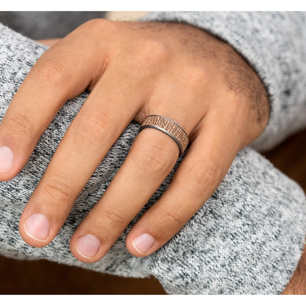 The Hazel Men's Wedding Band in Grey Tantalum and 14K Rose Gold - 7.5mm Width by Brook and Branch - Image 5