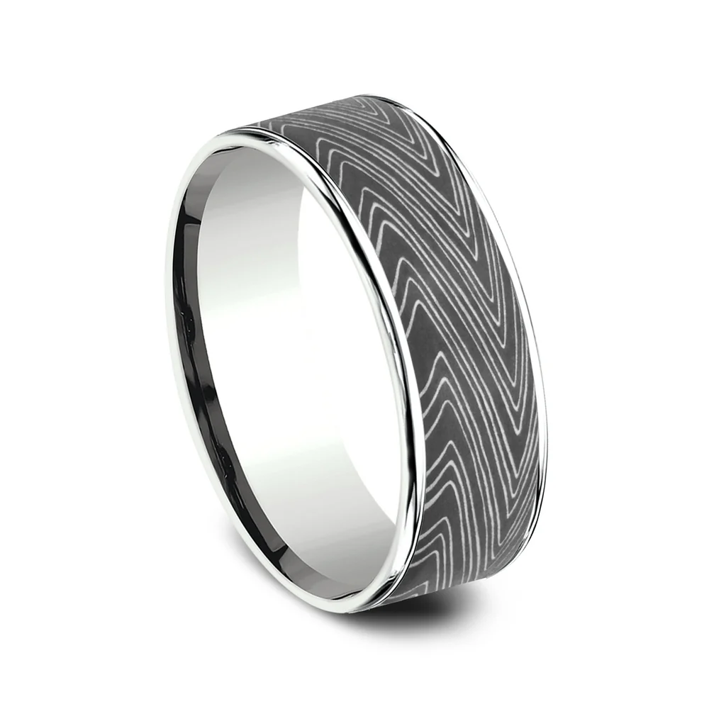 The Herringbone Men's Wedding Band in 14K White Gold and Darkened Tantalum - 7.5mm Width by Ammara Stone - Image 2
