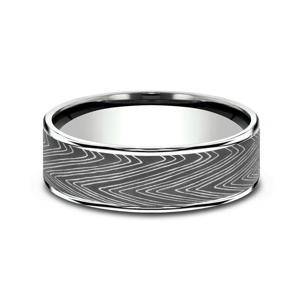 The Herringbone Men's Wedding Band in 14K White Gold and Darkened Tantalum - 7.5mm Width by Ammara Stone - Image 3