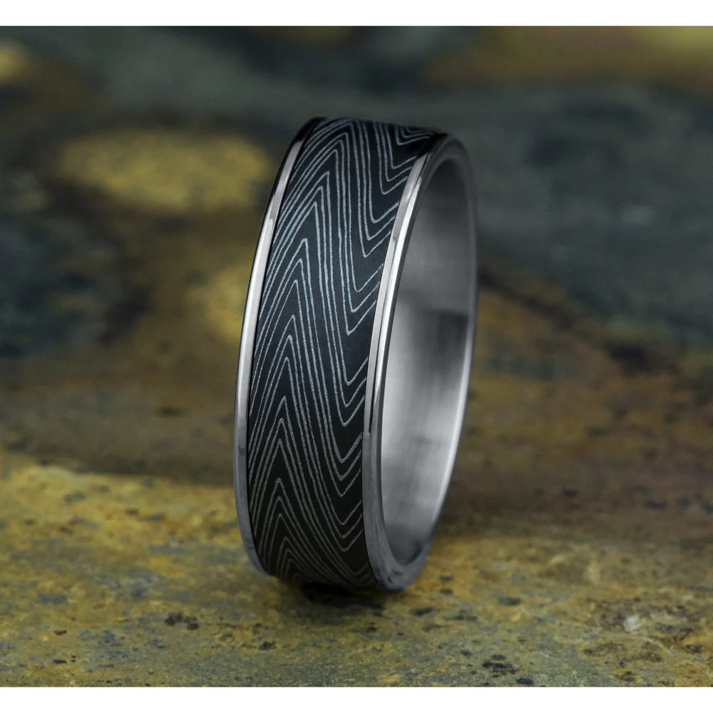 The Herringbone Men's Wedding Band in 14K White Gold and Darkened Tantalum - 7.5mm Width by Ammara Stone - Image 4