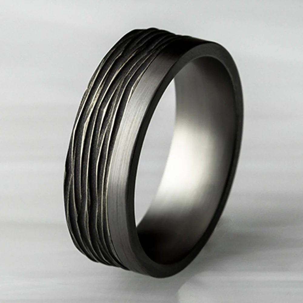 The Hickory Men's Wedding Band in Grey Tantalum and Black Titanium - 7mm Width by Tantalum - Image 4