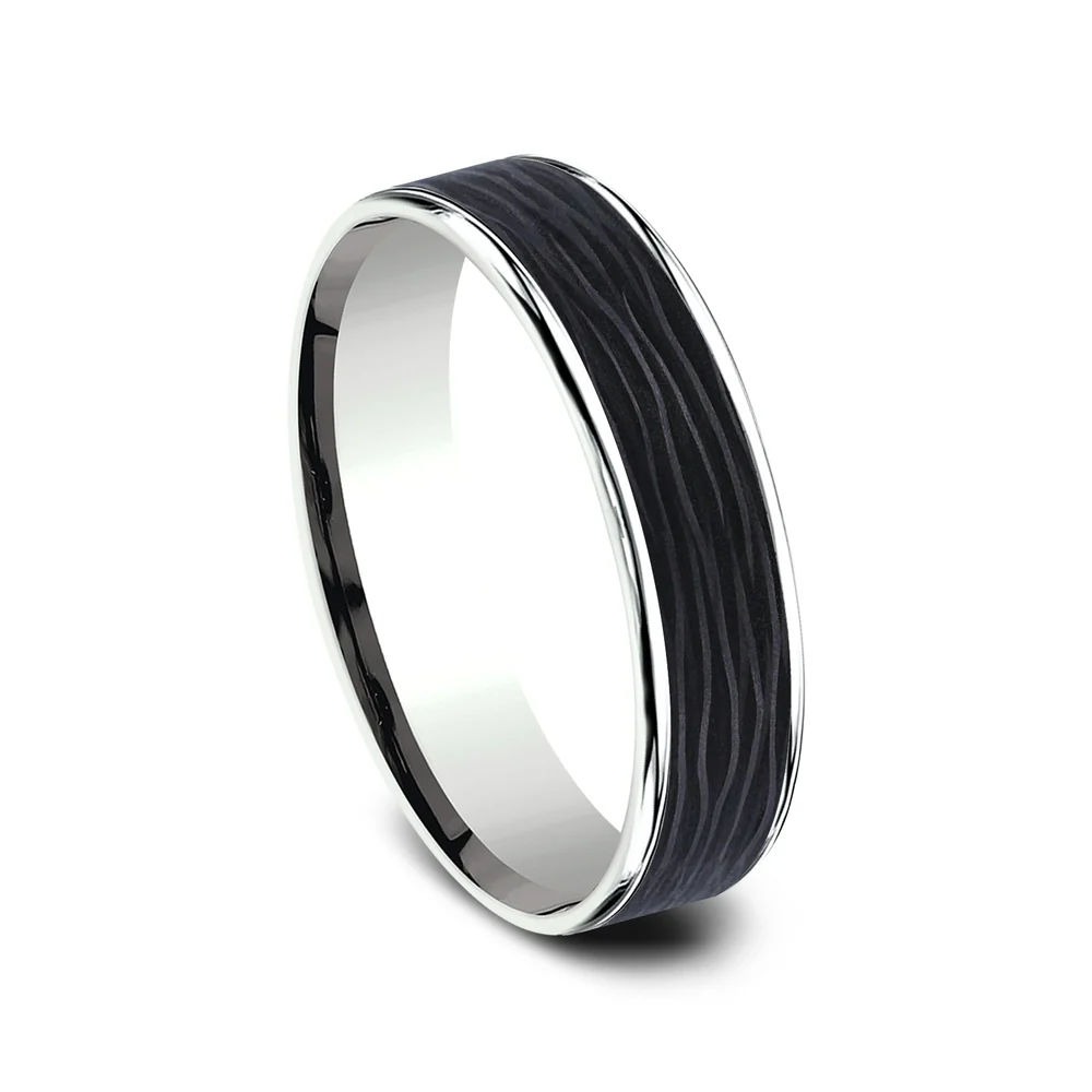 The Hollow Men's Wedding Band in 14K White Gold and Forged Carbon Fiber - 5.5mm Width by Ammara Stone - Image 2