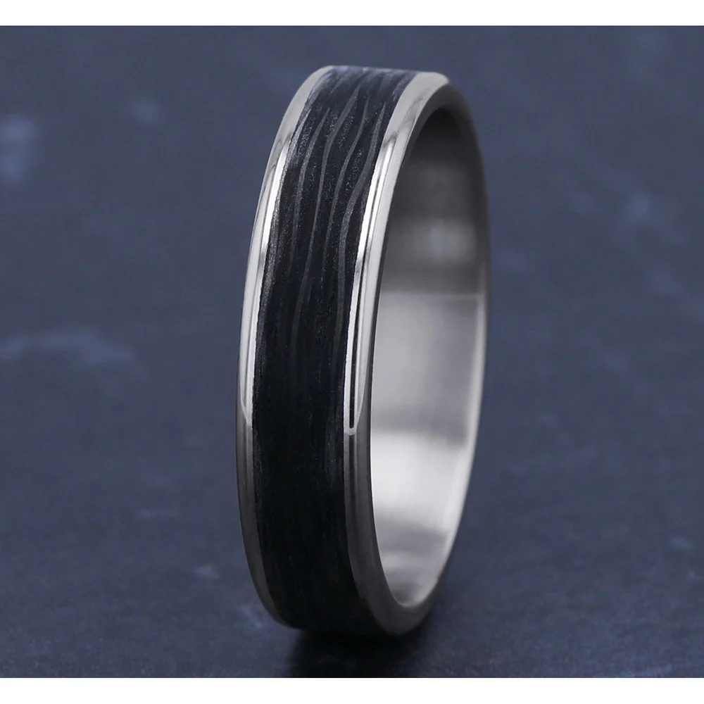 The Hollow Men's Wedding Band in 14K White Gold and Forged Carbon Fiber - 5.5mm Width by Ammara Stone - Image 4