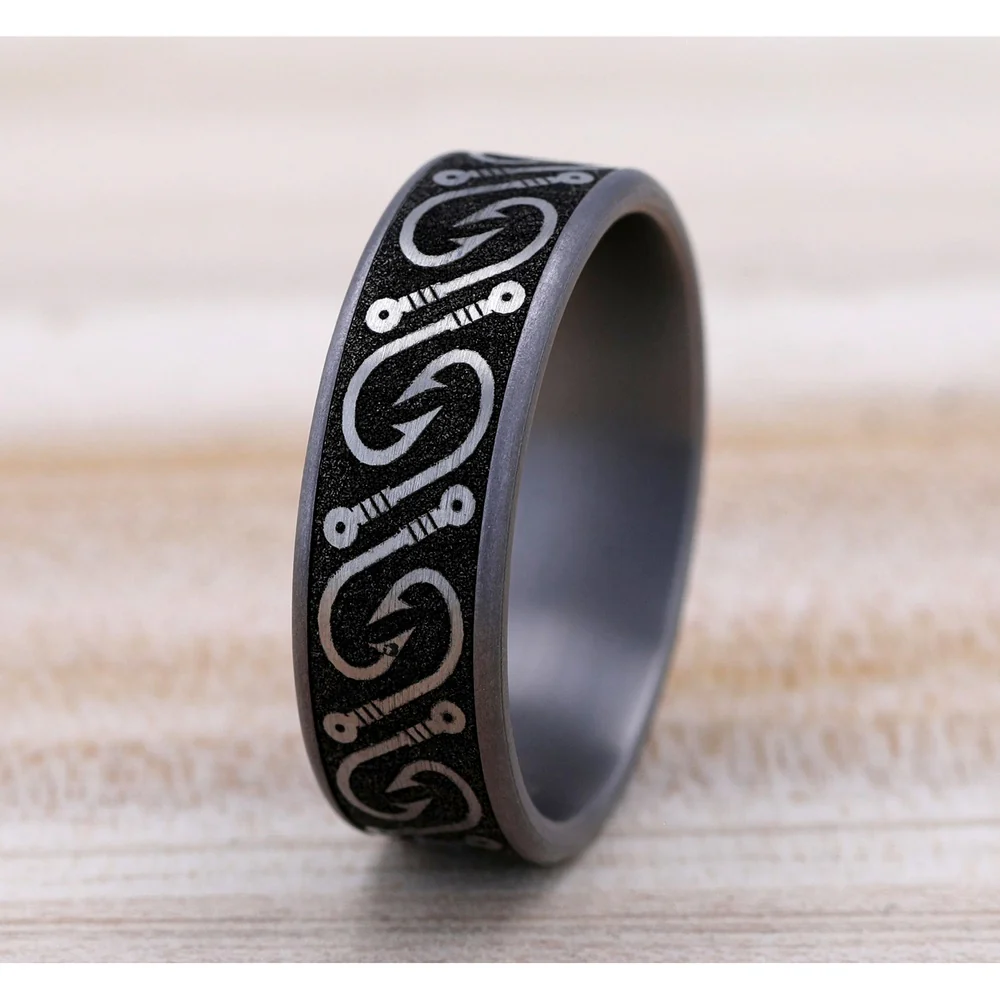 The Hook Men's Wedding Band in Grey Tantalum and Grey/Black Titanium - 7.5mm Width by Brook and Branch - Image 4