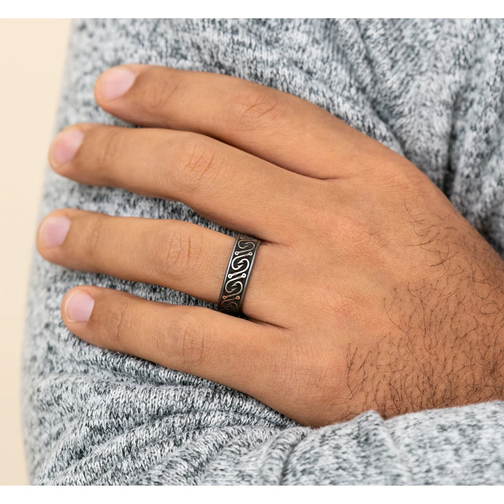 The Hook Men's Wedding Band in Grey Tantalum and Grey/Black Titanium - 7.5mm Width by Brook and Branch - Image 5