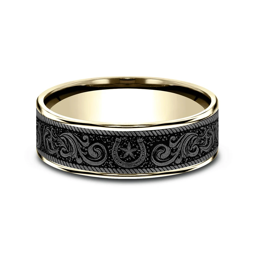 The Horseshoe Script Men's Wedding Band in 14K Yellow Gold and Grey Tantalum - 7.5mm Width by Brook and Branch - Image 3