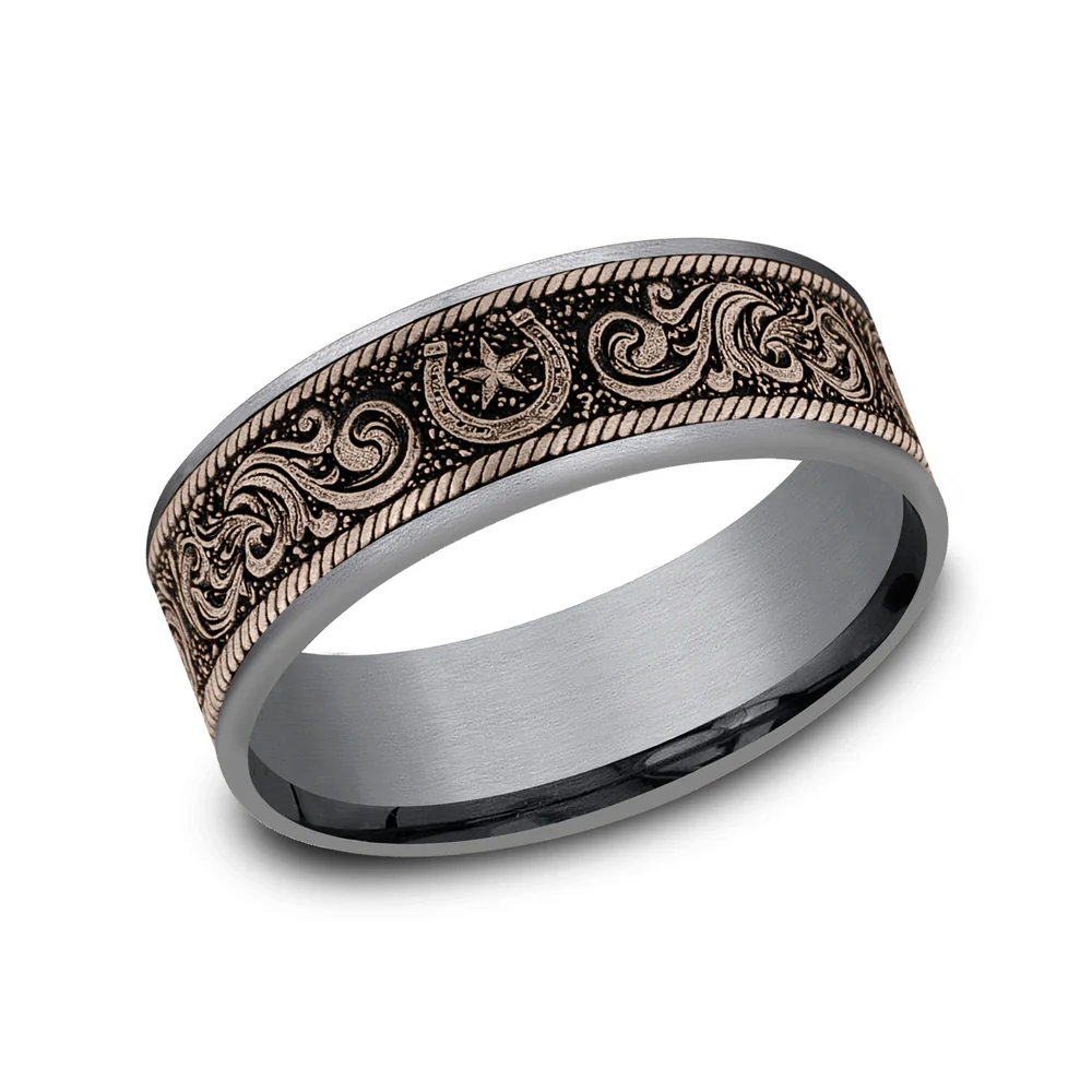 The Horseshoe Script Men's Wedding Band in Grey Tantalum and 14K Rose Gold - 7.5mm Width by Brook and Branch