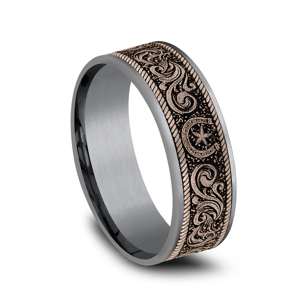 The Horseshoe Script Men's Wedding Band in Grey Tantalum and 14K Rose Gold - 7.5mm Width by Brook and Branch - Image 2