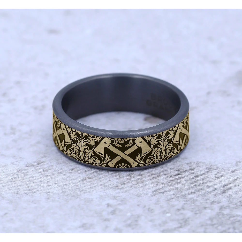 The Hotshot Men's Wedding Band in Grey Tantalum and 14K Yellow Gold - 7.5mm Width by Brook and Branch - Image 4