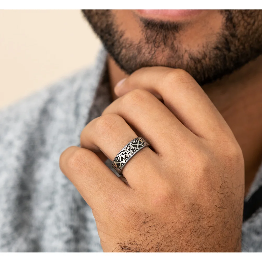The Hotshot Men's Wedding Band in Grey Tantalum and Grey/Black Titanium - 7.5mm Width by Brook and Branch - Image 5