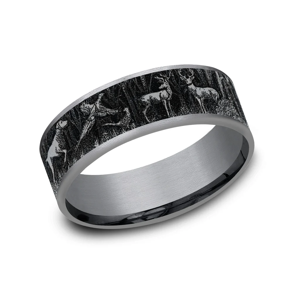 The Huntsman Men's Wedding Band in Grey Tantalum and Grey/Black Titanium - 7.5mm Width by Brook and Branch