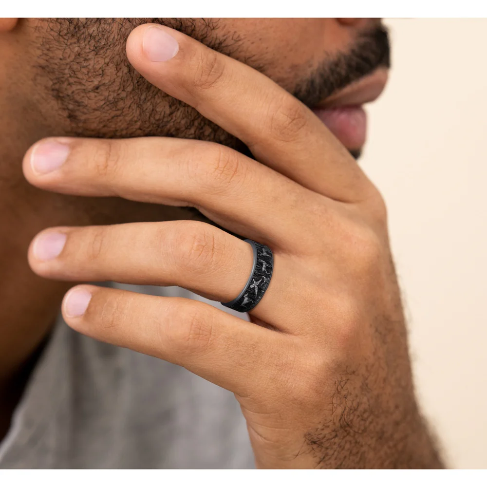 The Huntsman Men's Wedding Band in Grey Tantalum and Grey/Black Titanium - 7.5mm Width by Brook and Branch - Image 5