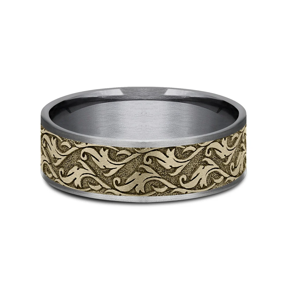 The Ivy Men's Wedding Band in Grey Tantalum and 14K Yellow Gold - 7.5mm Width by Ammara Stone - Image 3