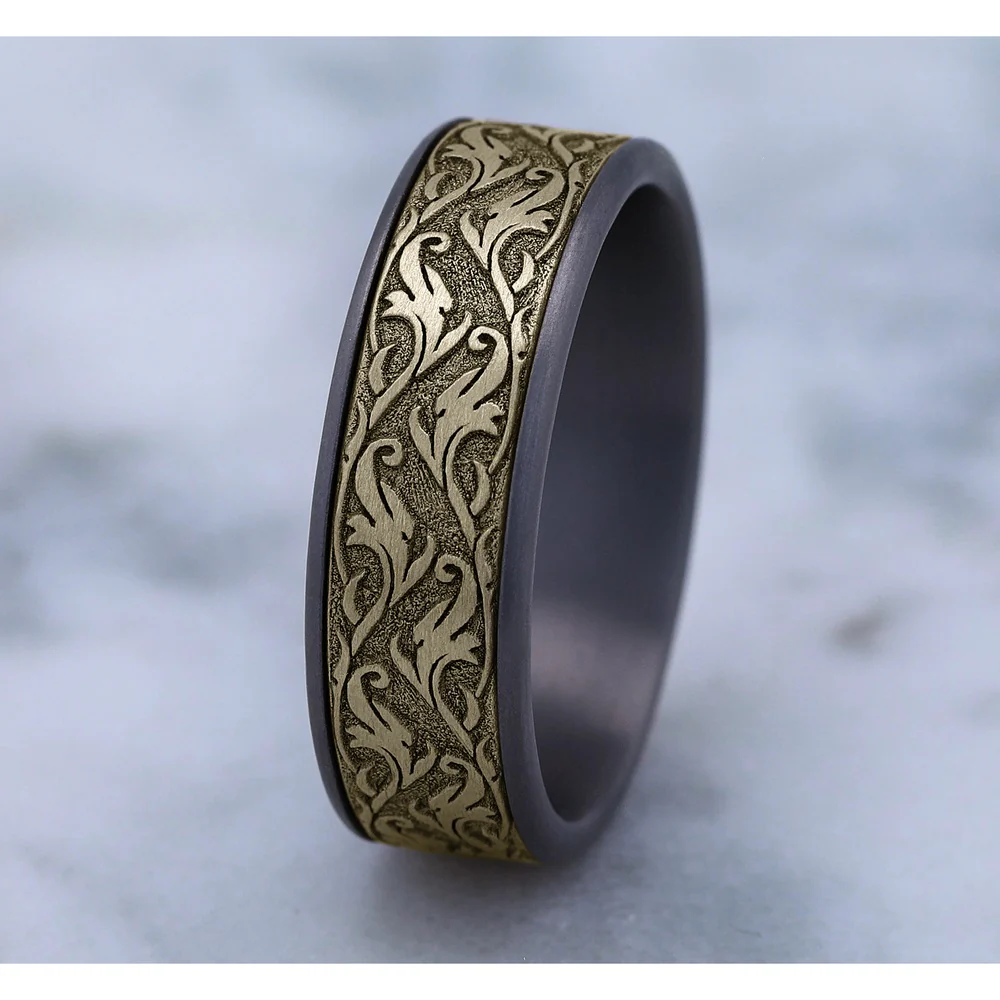 The Ivy Men's Wedding Band in Grey Tantalum and 14K Yellow Gold - 7.5mm Width by Ammara Stone - Image 4