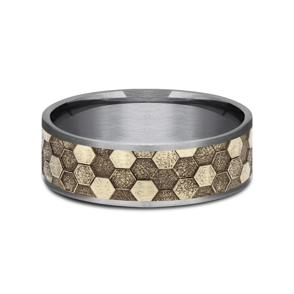 The Keeper Men's Wedding Band in Grey Tantalum and 14K Yellow Gold - 7.5mm Width by Ammara Stone - Image 3