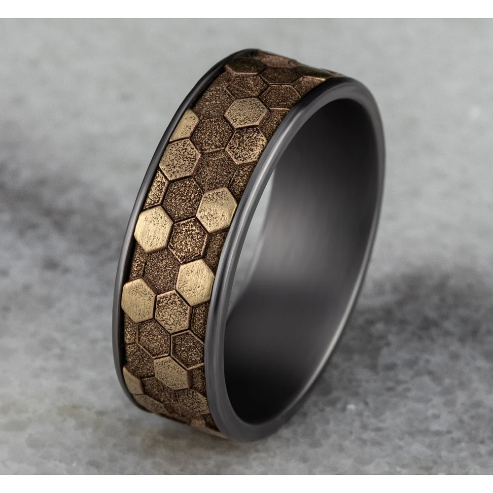The Keeper Men's Wedding Band in Grey Tantalum and 14K Yellow Gold - 7.5mm Width by Ammara Stone - Image 4