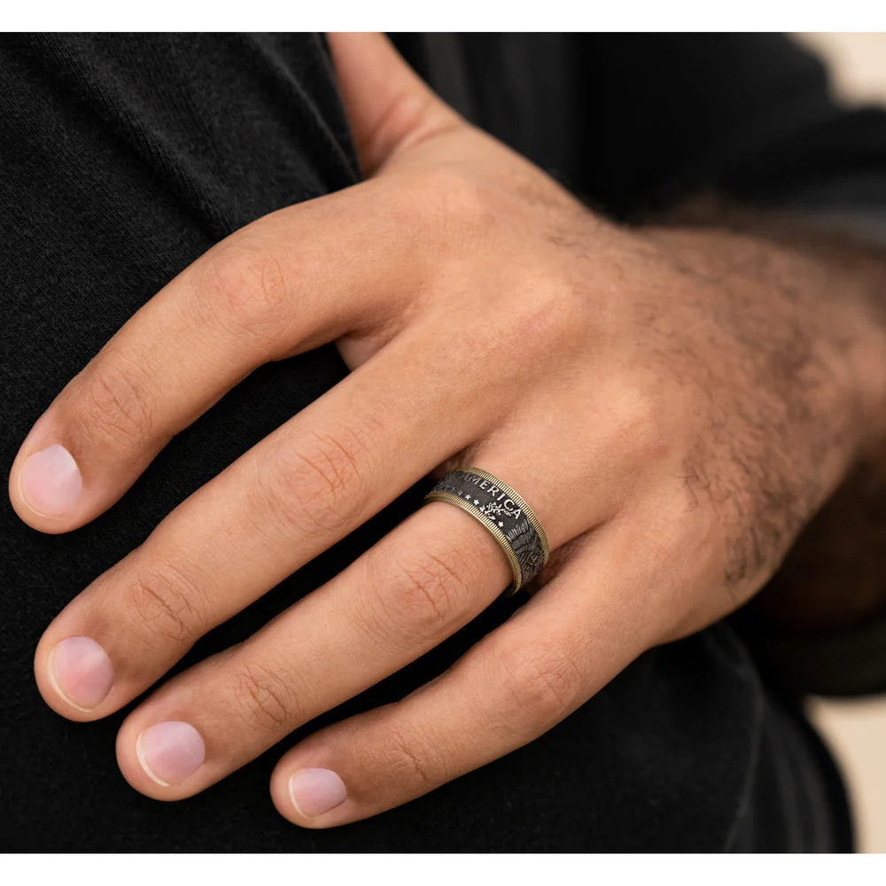 The Kennedy Men's Wedding Band in 14K Yellow Gold and Grey Tantalum - 9mm Width by Brook and Branch - Image 5