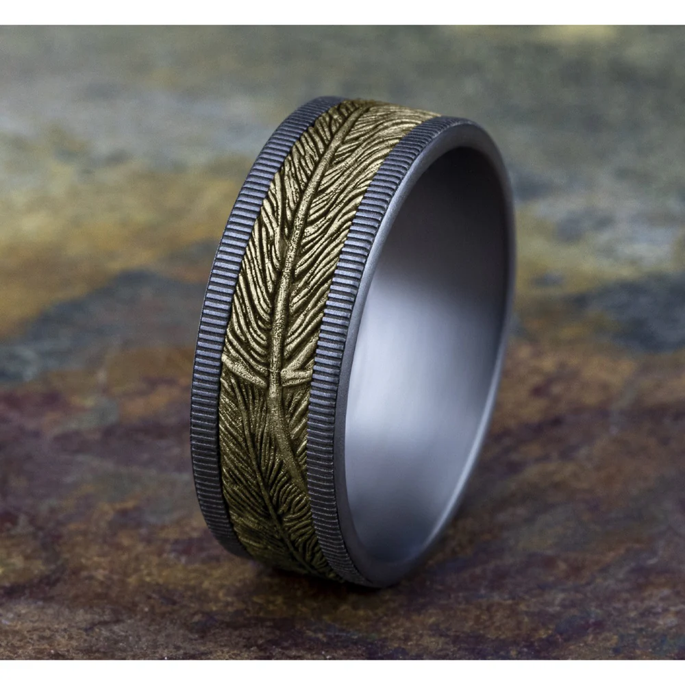 The Kestrel Men's Wedding Band in Grey Tantalum and 14K Yellow Gold - 8mm Width by Ammara Stone - Image 4