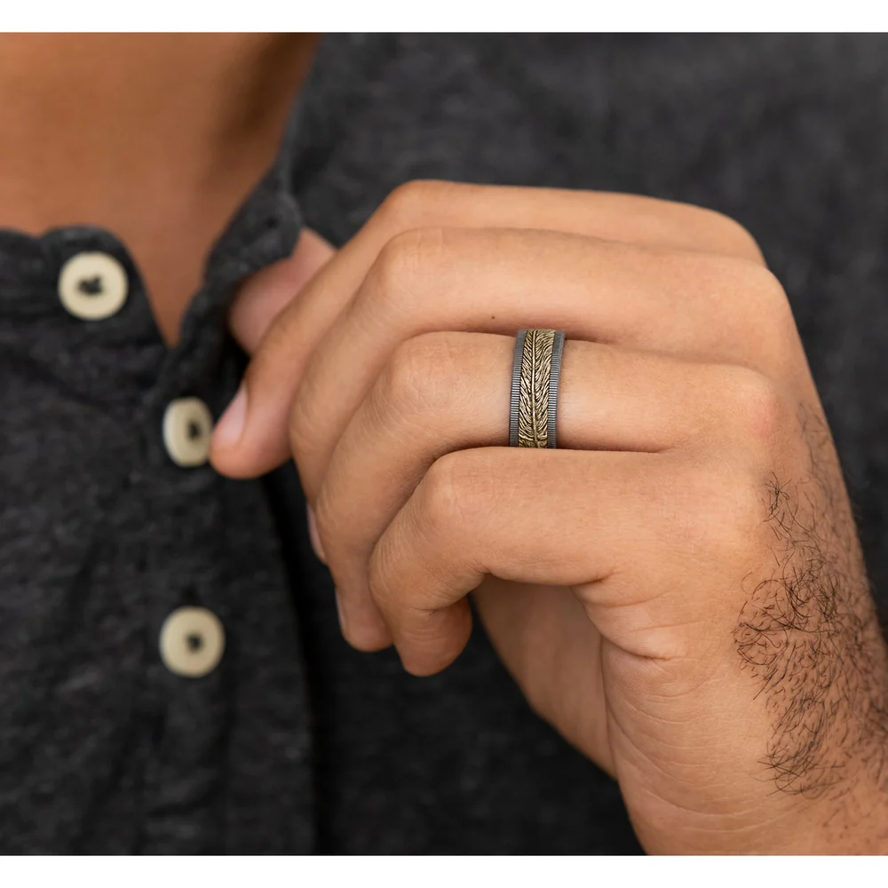 The Kestrel Men's Wedding Band in Grey Tantalum and 14K Yellow Gold - 8mm Width by Ammara Stone - Image 5
