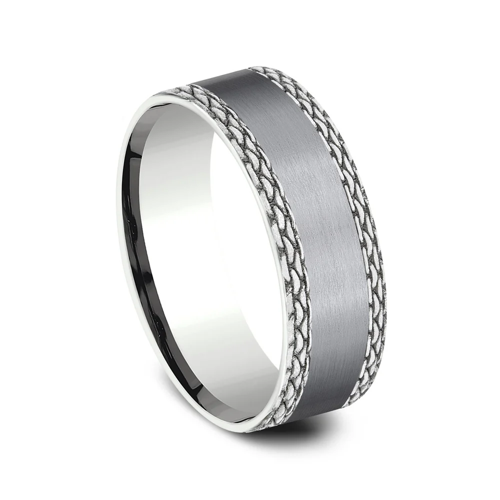 The Link Men's Wedding Band in Grey Tantalum and 14K White Gold - 7mm Width by Ammara Stone - Image 2