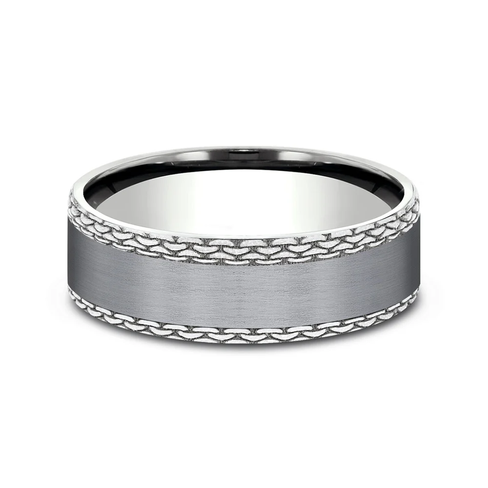 The Link Men's Wedding Band in Grey Tantalum and 14K White Gold - 7mm Width by Ammara Stone - Image 3