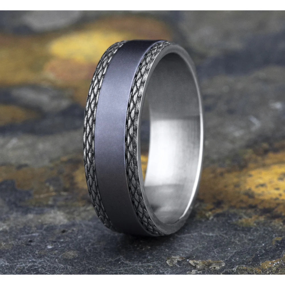 The Link Men's Wedding Band in Grey Tantalum and 14K White Gold - 7mm Width by Ammara Stone - Image 4