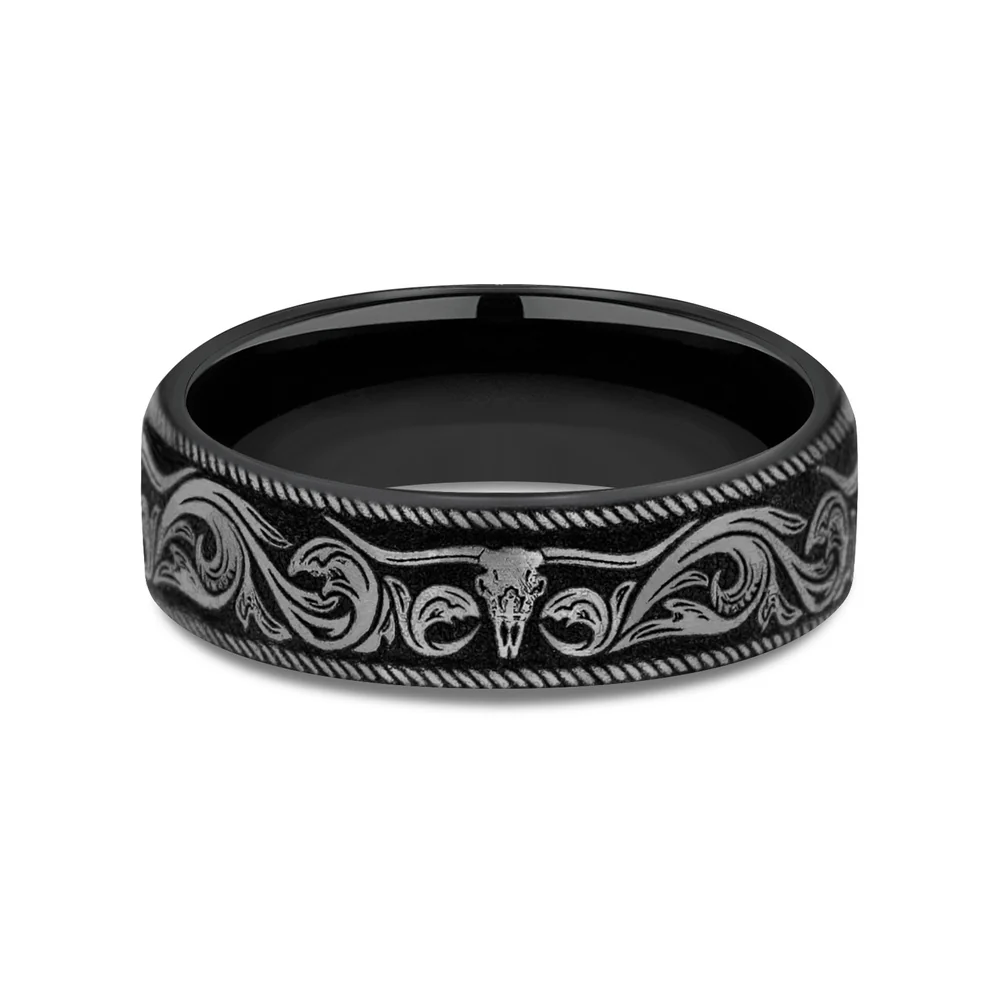 The Longhorn Men's Wedding Band in Grey-Black Titanium - 6.5mm Width by Brook and Branch - Image 3