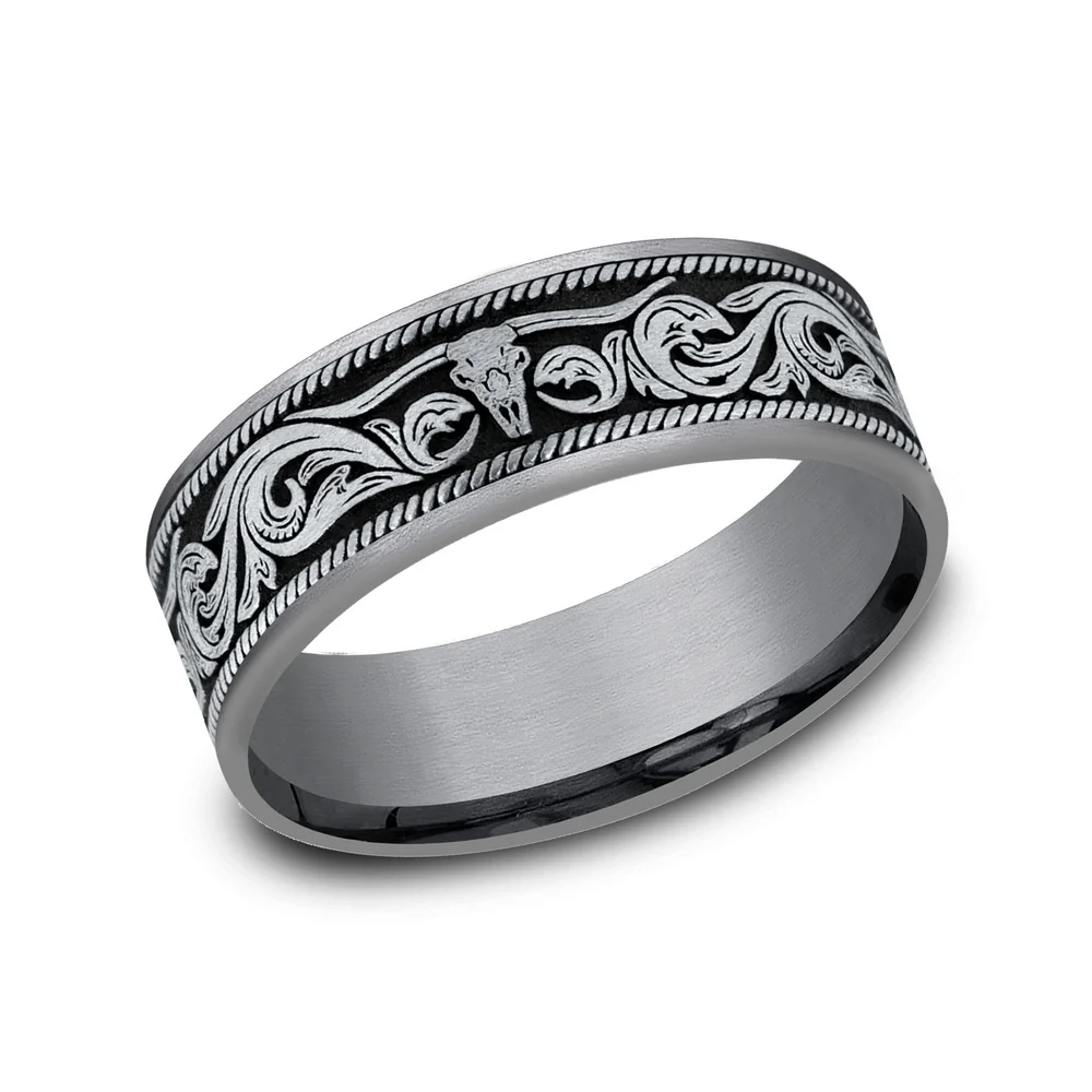 The Longhorn Men's Wedding Band in Grey Tantalum and 14K White Gold - 7.5mm Width by Brook and Branch