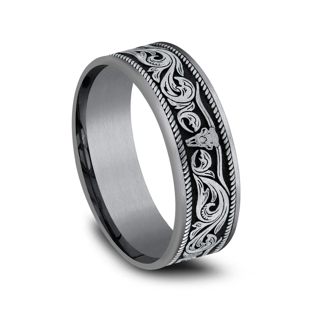 The Longhorn Men's Wedding Band in Grey Tantalum and 14K White Gold - 7.5mm Width by Brook and Branch - Image 2