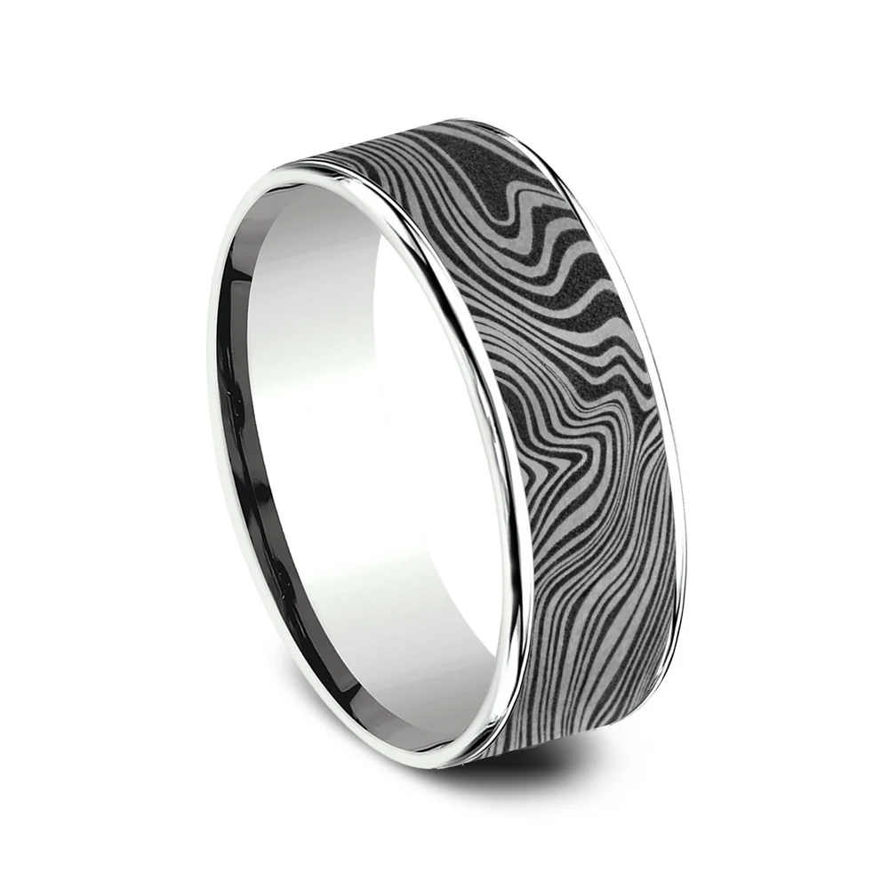 The Marble Men's Wedding Band in 14K White Gold and Grey Tantalum - 7.5mm Width by Ammara Stone - Image 2