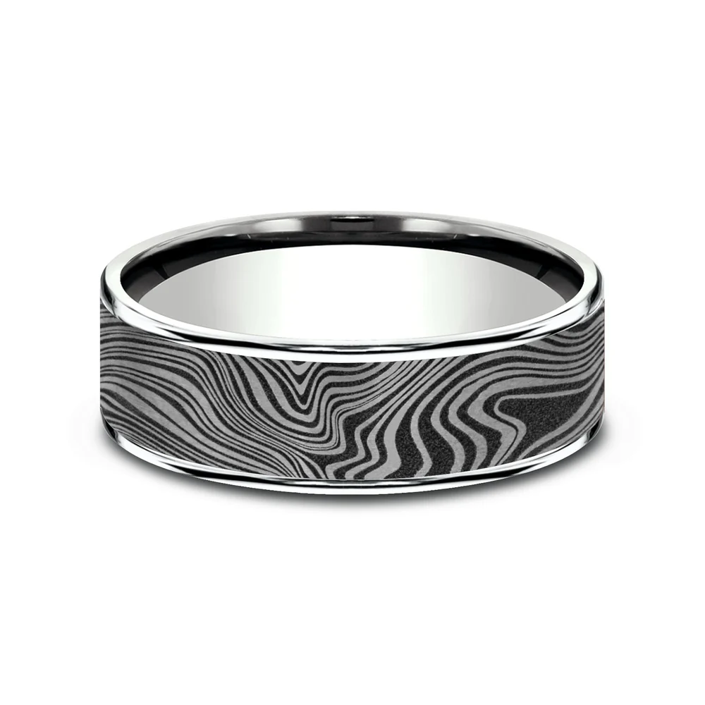 The Marble Men's Wedding Band in 14K White Gold and Grey Tantalum - 7.5mm Width by Ammara Stone - Image 3
