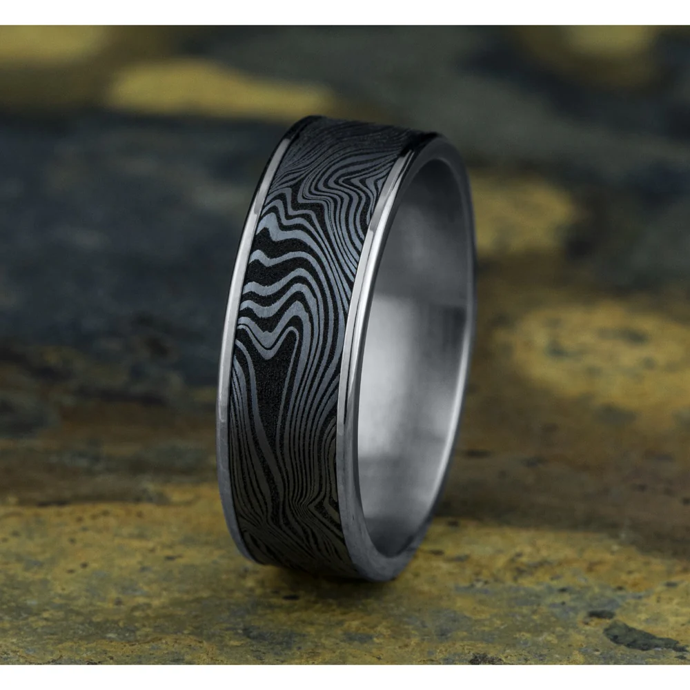 The Marble Men's Wedding Band in 14K White Gold and Grey Tantalum - 7.5mm Width by Ammara Stone - Image 4