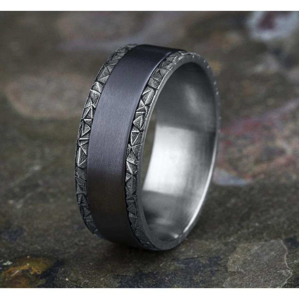 The Mosaic Men's Wedding Band in 14K White Gold and Grey Tantalum - 8mm Width by Ammara Stone - Image 4
