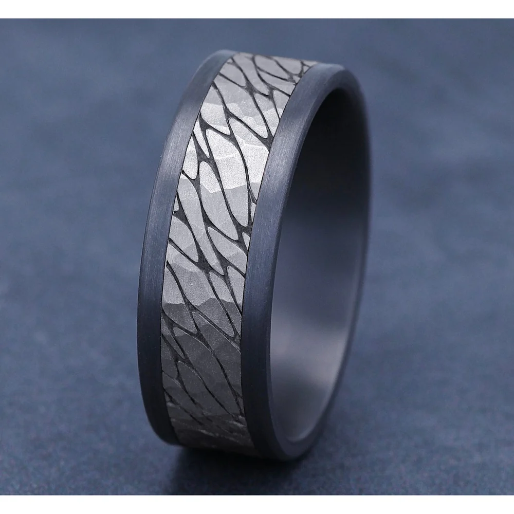 The Nile Men's Wedding Band in Grey Tantalum and 14K White Gold - 8mm Width by Ammara Stone - Image 4