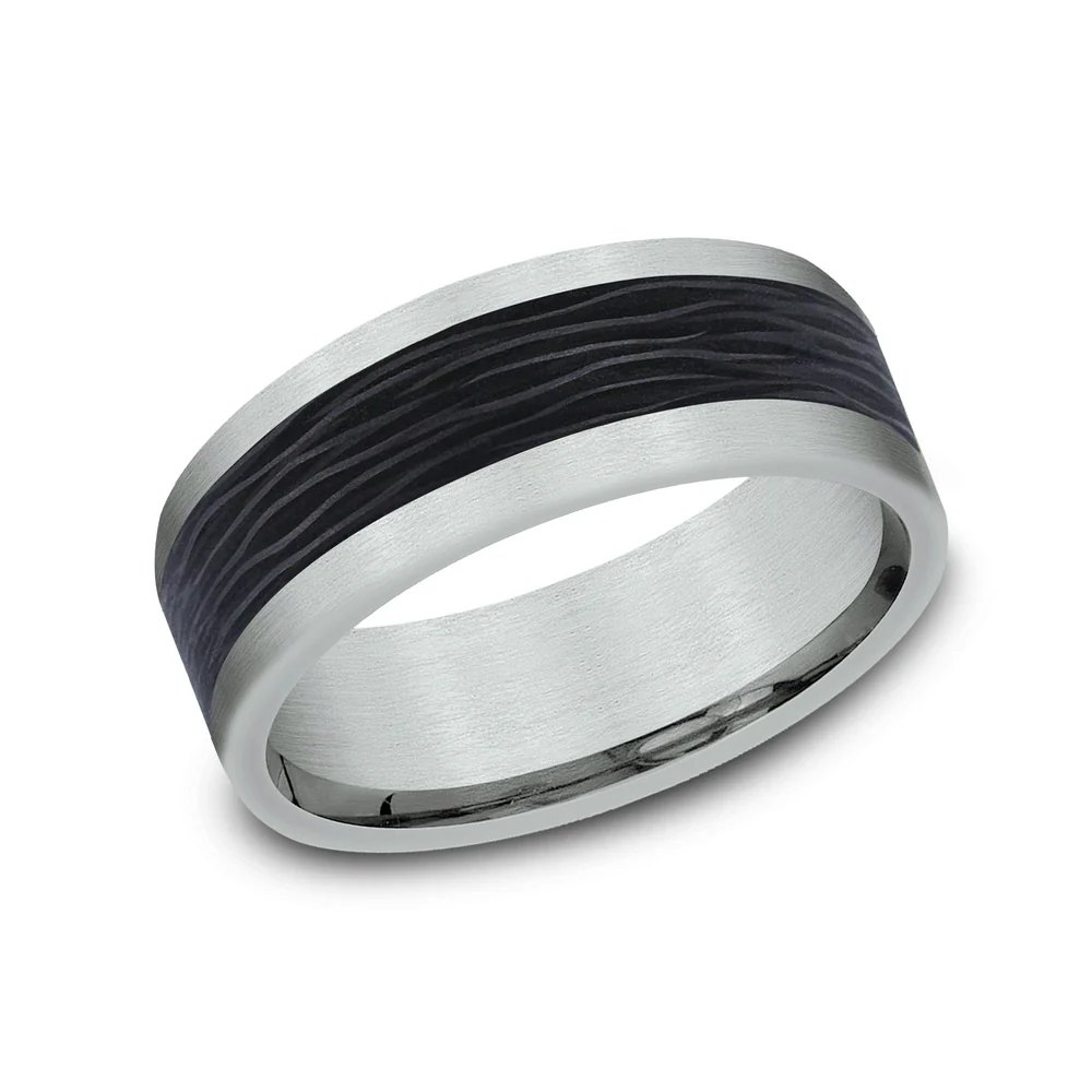 The Nocturne Men's Wedding Band in 14K White Gold and Forged Carbon Fiber - 8mm Width by Ammara Stone