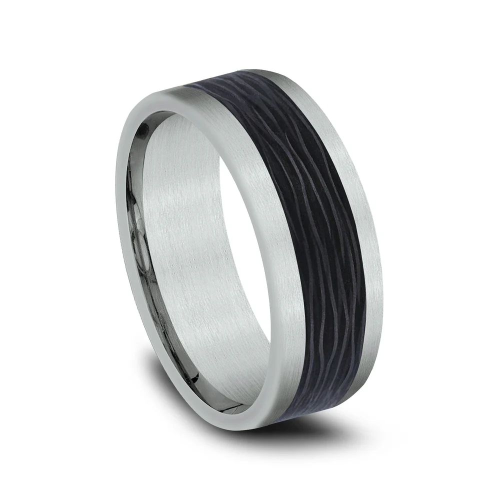 The Nocturne Men's Wedding Band in 14K White Gold and Forged Carbon Fiber - 8mm Width by Ammara Stone - Image 2
