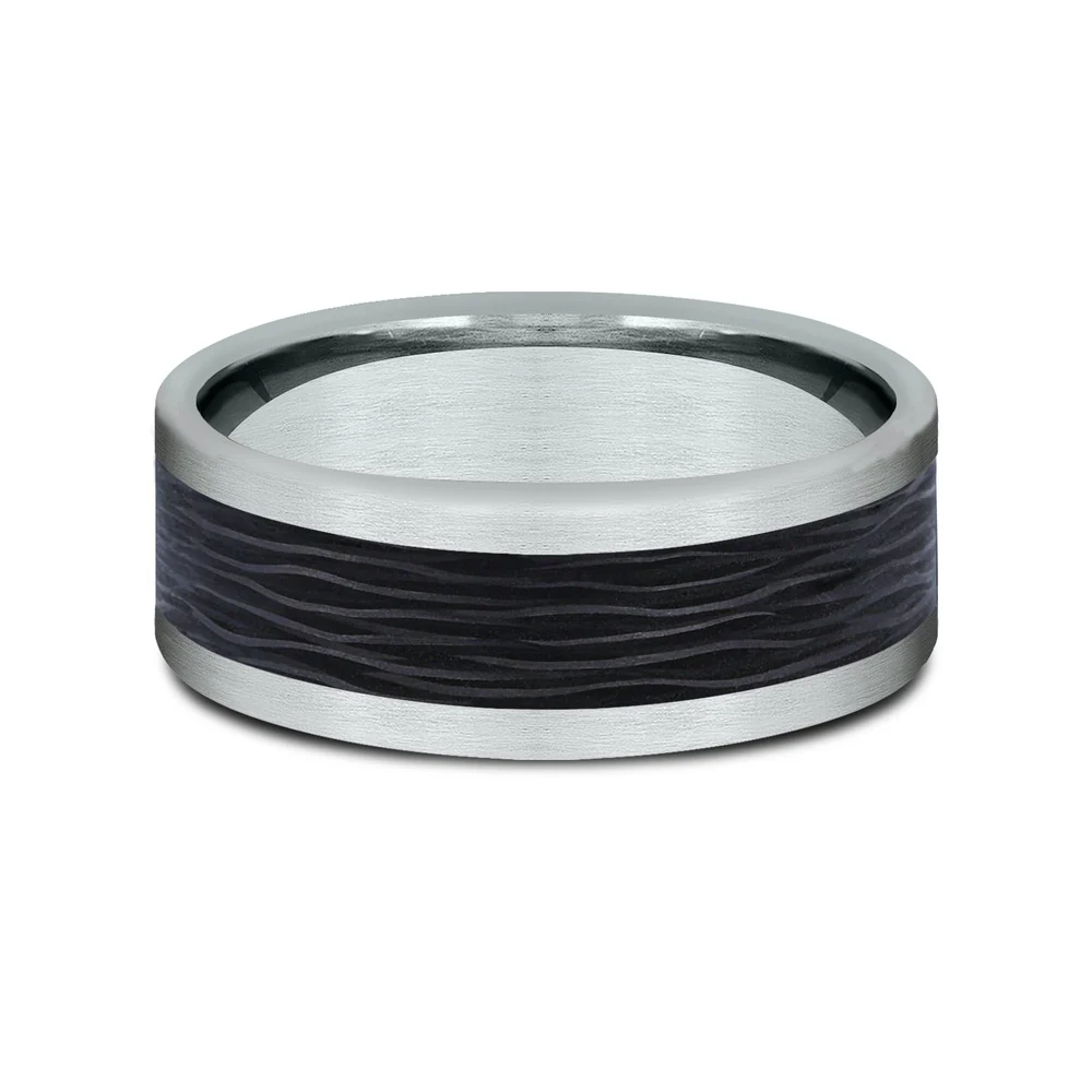 The Nocturne Men's Wedding Band in 14K White Gold and Forged Carbon Fiber - 8mm Width by Ammara Stone - Image 3