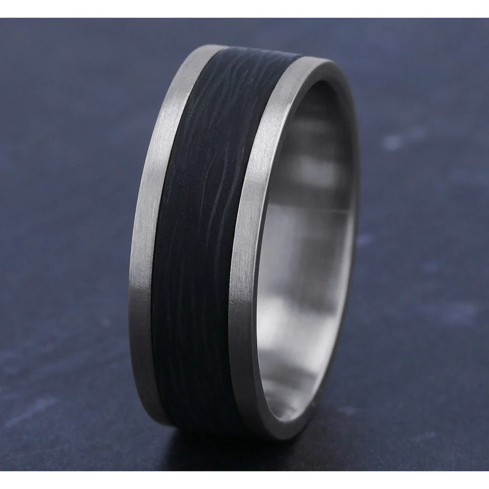 The Nocturne Men's Wedding Band in 14K White Gold and Forged Carbon Fiber - 8mm Width by Ammara Stone - Image 4