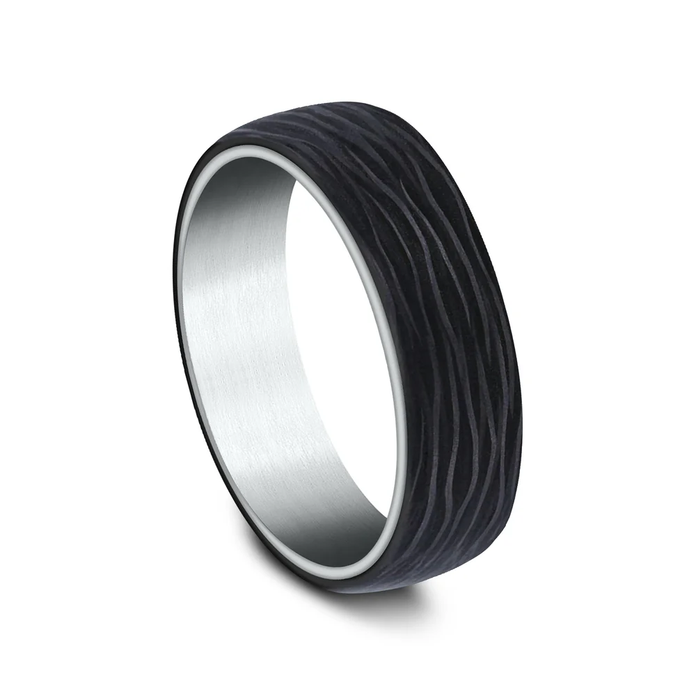 The NYX Men's Wedding Band in 14K White Gold and Forged Carbon Fiber - 6.5mm Width by Ammara Stone - Image 2