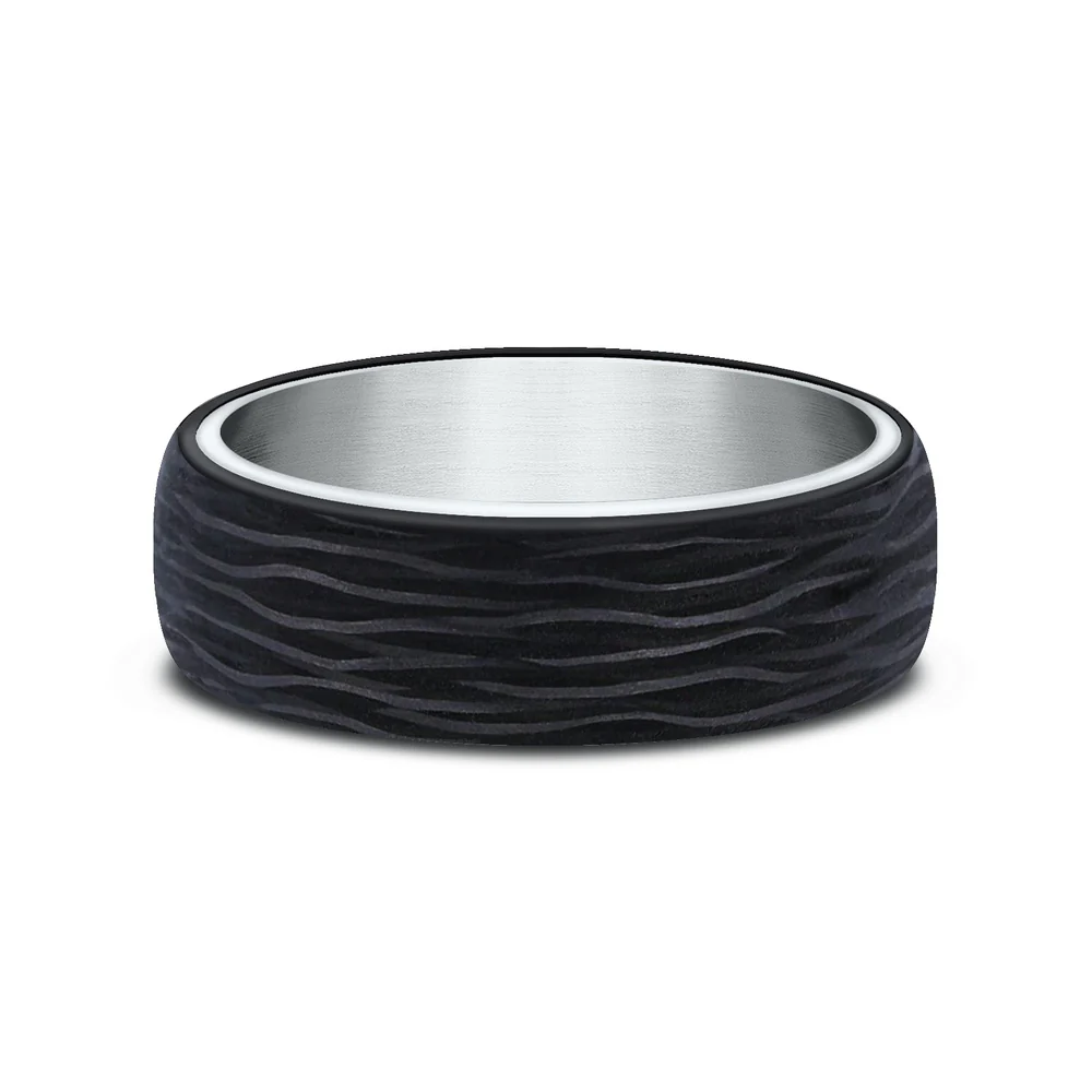 The NYX Men's Wedding Band in 14K White Gold and Forged Carbon Fiber - 6.5mm Width by Ammara Stone - Image 3