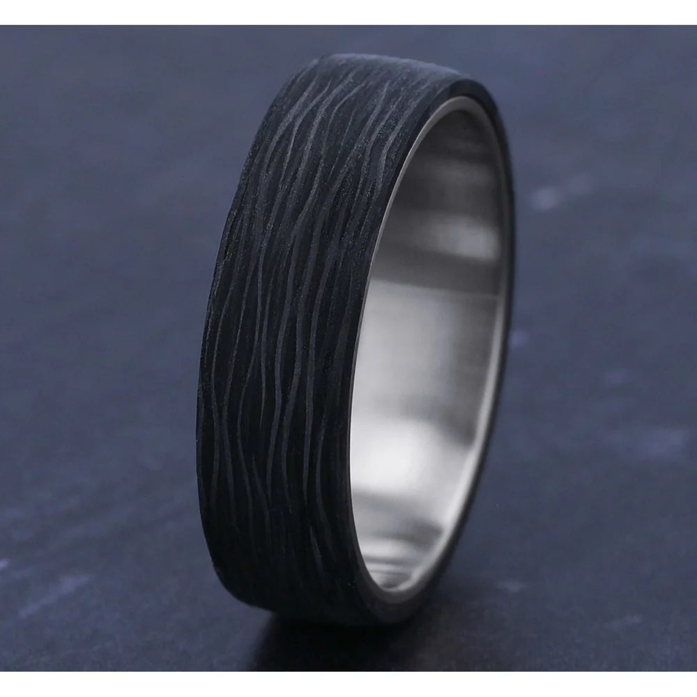 The NYX Men's Wedding Band in 14K White Gold and Forged Carbon Fiber - 6.5mm Width by Ammara Stone - Image 4