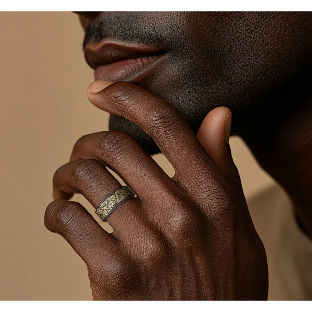 The Oak Men's Wedding Band in Grey Tantalum and 14K Yellow Gold - 7.5mm Width by Brook and Branch - Image 5