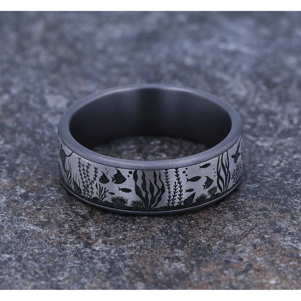 The Ocean Men's Wedding Band in Grey Tantalum and Grey/Black Titanium - 7.5mm Width by Brook and Branch - Image 4