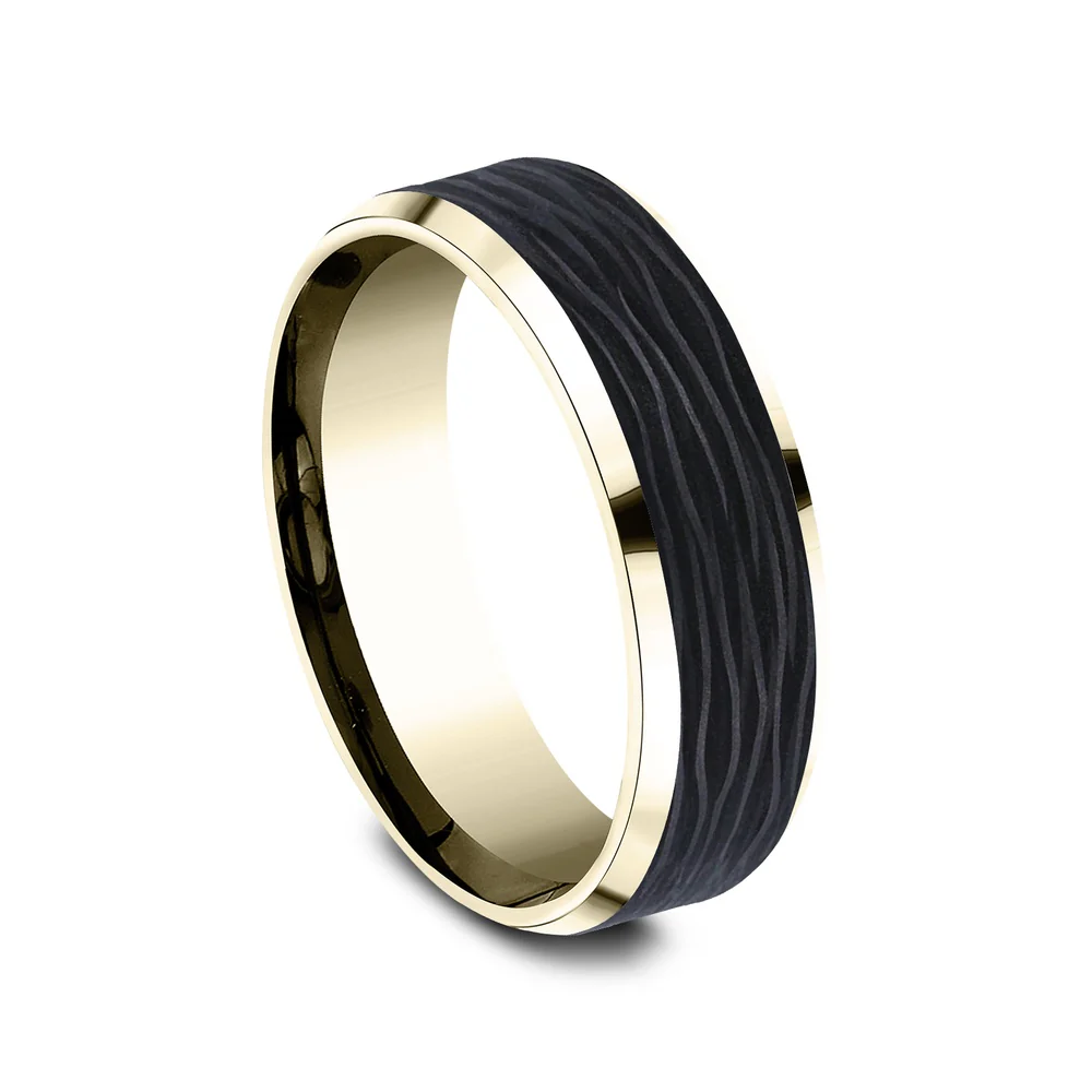 The Onyx Men's Wedding Band in 14K Yellow Gold and Forged Carbon Fiber - 7mm Width by Ammara Stone - Image 2