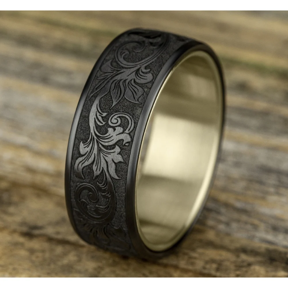 The Palace Men's Wedding Band in 14K Yellow Gold and Black Titanium - 8mm Width by Ammara Stone - Image 4