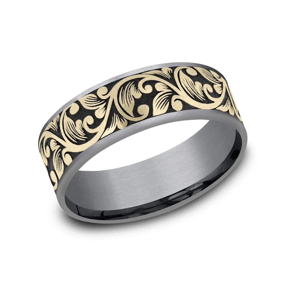 The Palazzo Men's Wedding Band in Grey Tantalum and 14K Yellow Gold - 7.5mm Width by Ammara Stone