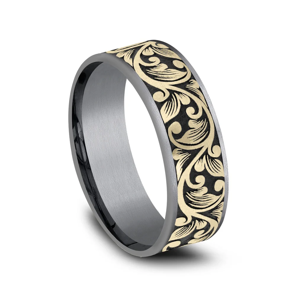 The Palazzo Men's Wedding Band in Grey Tantalum and 14K Yellow Gold - 7.5mm Width by Ammara Stone - Image 2